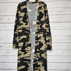 Camouflage Open Front Long Cardigan